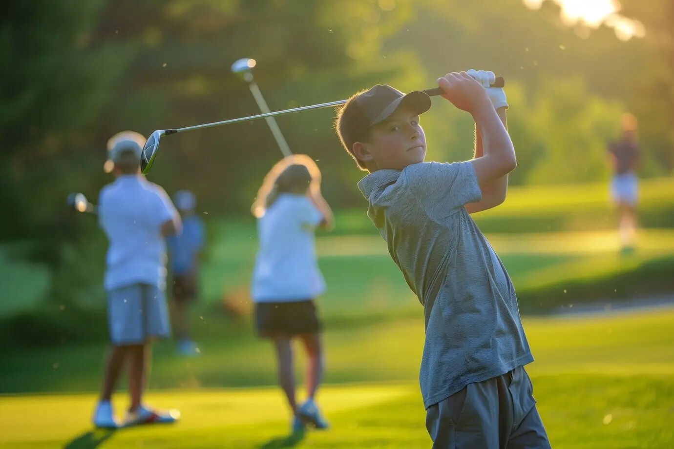 Children playing golf in a photorealistic setting.