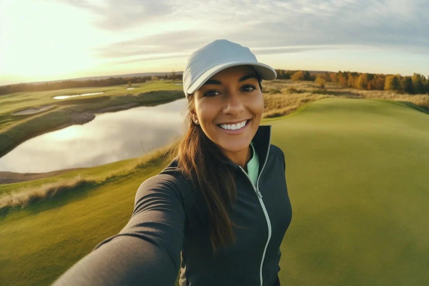 Medium shot of a woman playing golf outdoors.